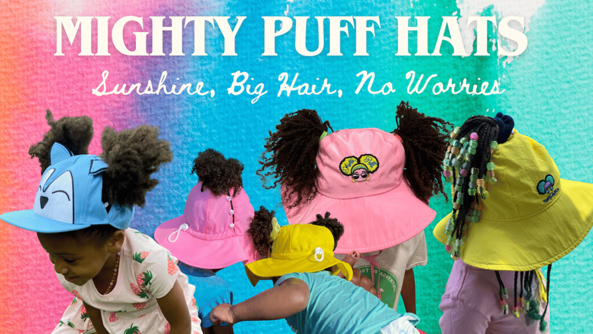 Mighty Puff Hats — Sunshine, Big Hair, No Worries. The Kickstarter campaign banner: five kids in pink, yellow and blue hats, puffs and beaded braids flowing through the back openings.